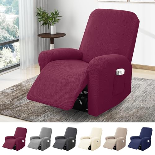 BOYIFEIJIE 1-Sitzer Sessel Überzug, Sesselbezuge Stretch mit Taschen, All-Inclusive Streifen-Jacquard Sesselschoner für Fernsehsessel Relaxsessel Sesselhusse (Weinrot, 4-Teilig) von BOYIFEIJIE