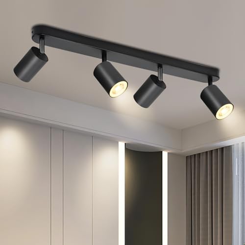 BOYIR Deckenstrahler 4 Flammig Schwarz Deckenlampe Strahler Schwenkbar 350° Deckenleuchte GU10 LED Wandstrahler Drehbar, Spotlight Lampe Küchenlampe Deckenspots für Wohnzimmer, Flur, Ohne Leuchtmittel von BOYIR