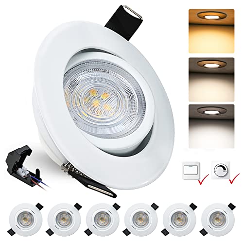 BOYIR LED Einbaustrahler 230V Flach Dimmbar, 5W 500LM LED Spots 3000/4000/6000K, Deckenspots Deckenstrahler IP44 Bad Einbauleuchten Schwenkbar LED Einbaustrahler 68mm Einbauspots Weiß, 6er Set von BOYIR