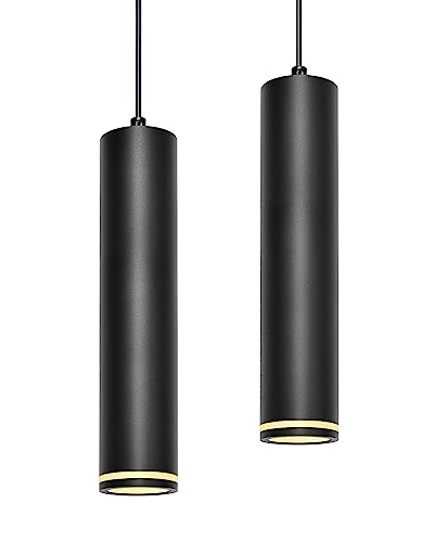 BOYIR Pendelleuchte Modern Zylinder Schwarz Hängelampe, Hängeleuchte Höhenverstellbar Aluminium Kronleuchter mit GU10 Fassung max. 60 Watt Pendellampe Deckenlampe für Wohnzimmer Schlafzimmer, 2 Stücke von BOYIR