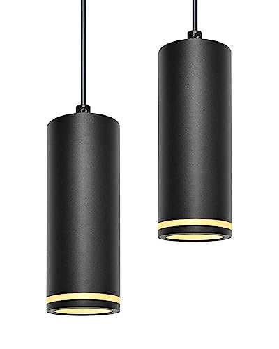 BOYIR Pendelleuchte Modern Zylinder Schwarz Hängelampe, Hängeleuchte Höhenverstellbar Aluminium Kronleuchter mit GU10 Fassung max. 60 Watt Pendellampe Deckenlampe für Wohnzimmer Schlafzimmer, 2 Stücke von BOYIR