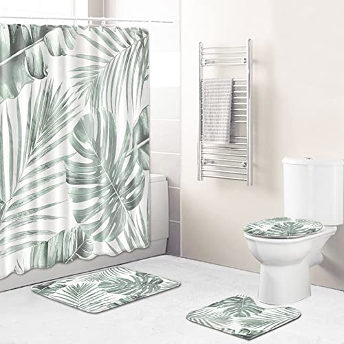 BOYOUTH 4-teiliges Duschvorhang-Set im Retro-Stil, grüne Blättermuster, Digitaldruck, mit Badematte, Konturenteppich, WC-Deckelbezug für Badezimmerdekoration von Boyouth