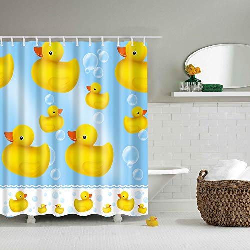 BOYOUTH Duschvorhänge mit kleinem gelbem Enten- und Blasenmuster, Digitaldruck, für Badezimmerdekoration, Polyester, wasserdichter Stoff, Badvorhang mit 12 Haken, 178 x 178 cm, Mehrfarbig von Boyouth