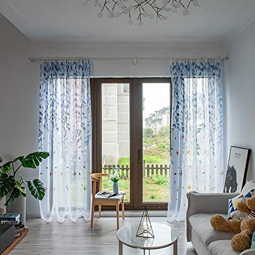 Boyouth Voile-Vorhänge, Schwalben und Weidenzweige, bedruckt, transparent, mit Stangentaschen, Fenstervorhänge für Schlafzimmer, Wohnzimmer, Blau, 2 Stoffbahnen, 100 x 200 cm von Boyouth