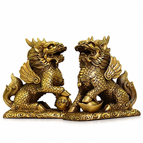 BOYULL Feng Shui Chi Lin/Kylin Reichtum Wohlstand Statue aus Messing, goldfarben, 2 Stück, Heimdekoration, zieht Reichtum und Glück an von BOYULL
