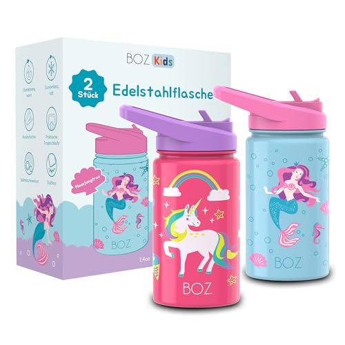 BOZ Kinder Trinkflasche – Trinkflasche Schule – Trinkflasche Kinder Kohlensäure Geeignet - Auslaufsichere Edelstahl – 400 ml – Zweierpack-Bündel (Einhorn/Meerjungfrau) von BOZ