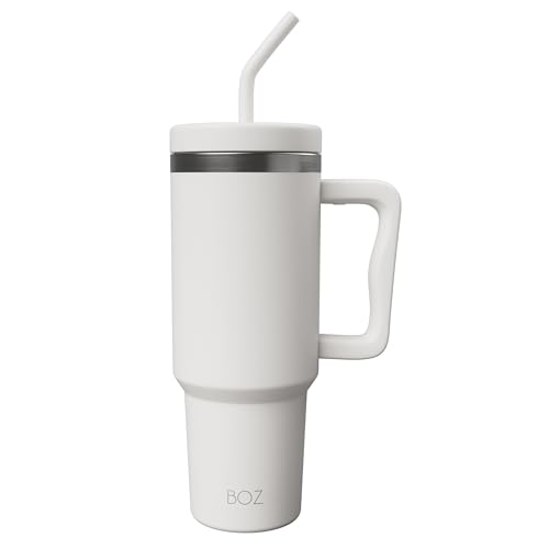 BOZ - Trinkbecher mit Deckel und Strohhalm - 1200 ml - Ästhetisches Design - hochwertiger Thermobecher aus Edelstahl für heiße & kalte Getränke to go - Perfekt geeignet für Auto & Reisen (Weiß) von BOZ