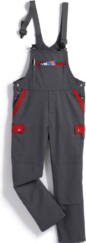 BP Profil 1844-720-53 Latzhose - Stretch Hosenträger - Verstellbarer Bund - Taschen für Knieschoner - 65% Polyester, 35% Baumwolle - Kurze Passform - Größe: 26 - Farbe: dunkelgrau/rot von BP