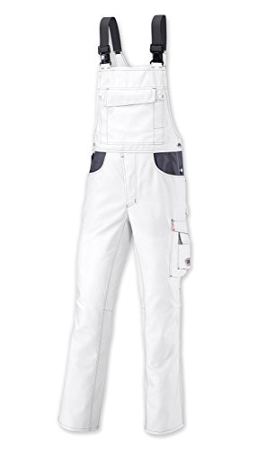 BP Workwear 1790-555-21 Latzhose - Stretch-Hosenträger mit Kunststoff-Clip-Verschlüssen - verstellbarer Bund - 65% Polyester, 35% Baumwolle - Lange Passform - Größe: 48l - Farbe: weiß/dunkelgrau von BP