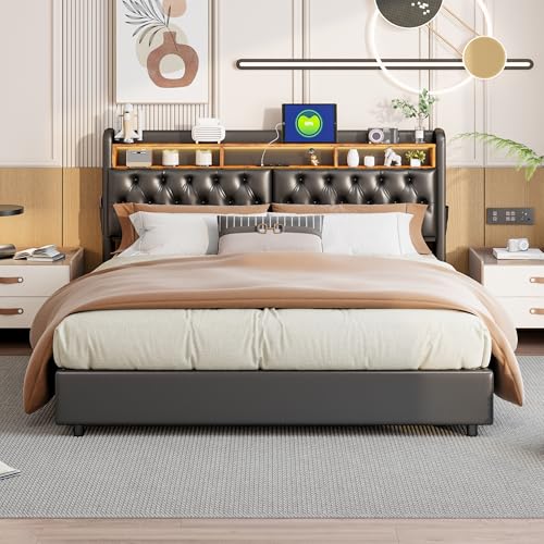 BPKADHY Bett mit Bettkasten mit LED, für Erwachsene, mit USB-Ladekabel, Doppelbett, gepolstert, Bettrahmen mit Aufbewahrung, gepolstertes Bett, Doppelbett, PU (schwarz, A, 180 x 200 cm) von BPKADHY