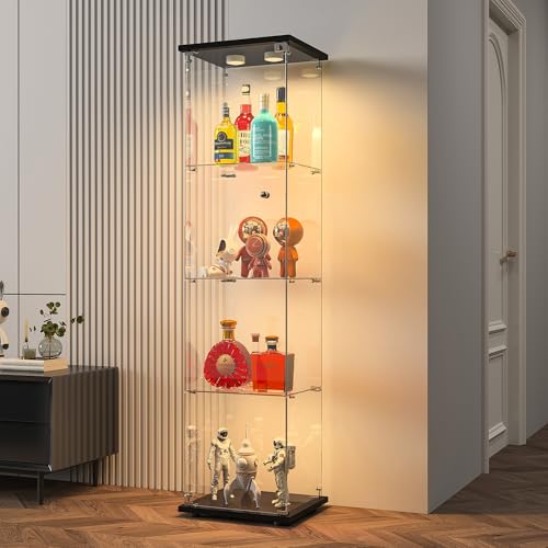 BPKADHY Glasvitrine Standvitrine,4 Lagen Glas Holz Vitrine Sammlervitrine Vitrinenschrank,1 Tür mit LED Und Schloss Glasvitrine Stehend Für Wohnzimmer Schlafzimmer Büro Schwarz Standregal aus Glas von BPKADHY