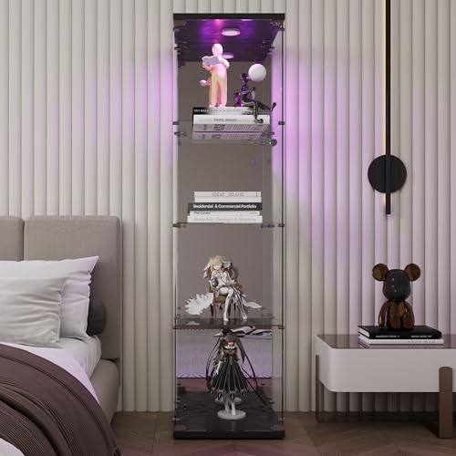 BPKADHY Glasvitrine Standvitrine mit Spiegel, Vitrinenschrank Led Beleuchtung mit Schloss und 1 Türen 4 Fächern Vitrine mit Glas Sammlervitrine Led (1 Tür, 4 Etagen-LED-Spiegel, Schwarz) von BPKADHY