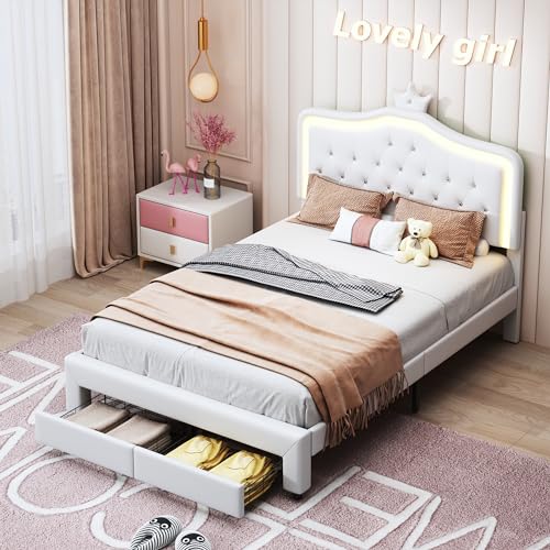 BPKADHY Kinderbett Polsterbett 140x200 cm,Kinderbett Mädchen Bett mit Verstellbarem LED-Kopfteil und 2 Schubladen,Kronen-Doppelbettgestell Bettgestell Jugendbett PU-Leder mit Lattenrost,Weiß von BPKADHY