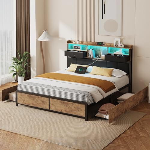 BPKADHY Metallbett Doppelbett 140x200 mit LED-Beleuchtung und USB, Stauraumbett mit 6 Schubladen, Jugendbett Bettgestell mit Metall Lattenrost,Kopfteil aus PU-Leder, Schwarz, Ohne Matratze von BPKADHY