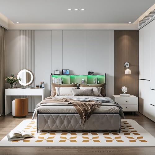 BPKADHY Polsterbett, 140 x 200 cm mit LED, Bettgestell mit Schubladen, für Erwachsene, bequem, gepolstert, Doppelbett, Doppelbett, 140 x 200 cm mit Aufbewahrung, Samt (Beige, 140 x 200 cm) von BPKADHY