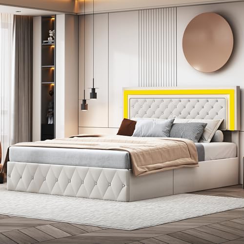 BPKADHY Polsterbett Doppelbett 140x200 cm, Led Doppelbett mit Stauraum Bett mit Lattenrost Samt Bettgestell mit Kopfteil und Lattenrost Stauraumbett Funktionsbett (Beige, 140 x 200cm) von BPKADHY