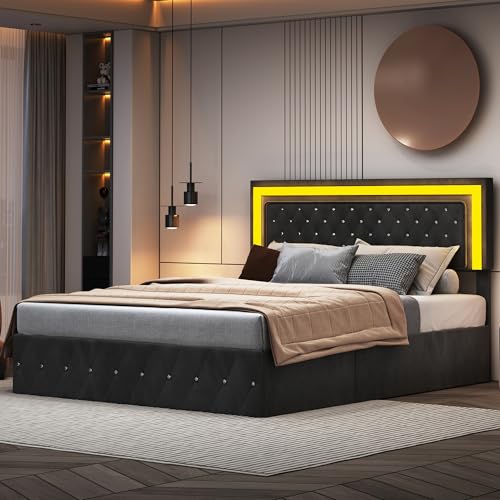 BPKADHY Polsterbett Doppelbett 140x200 cm, Led Doppelbett mit Stauraum Bett mit Lattenrost Samt Bettgestell mit Kopfteil und Lattenrost Stauraumbett Funktionsbett (Schwarz, 140 x 200cm) von BPKADHY