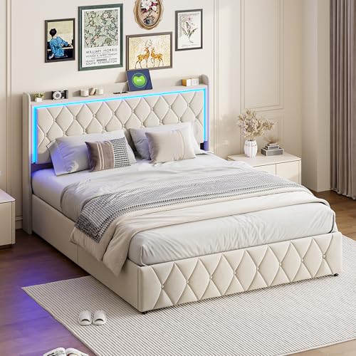 BPKADHY Polsterbett Doppelbett 140x200 cm mit 2 USB-C und LED-Kopfteil,Stauraumbett mit Stauraum,Familienbett Bettgestell mit Hydraulische Metallrahmen und Lattenrost aus Holz,Samt,Beige von BPKADHY