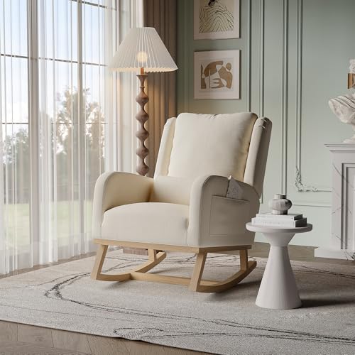Schaukelstuhl Flachs Beige, Sessel mit Kissen Relaxsessel Schaukelsessel Wohnzimmersessel Schwingsessel Akzentstuhl für Schlafzimmer, Wohnzimmer (Beige-Flachs) von BPKADHY