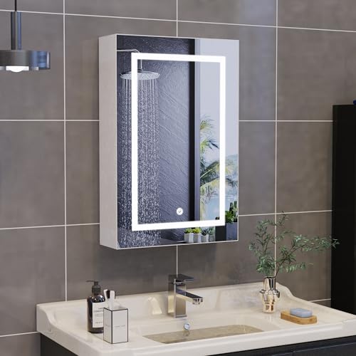 BPKADHY Spiegelschrank Bad mit LED Beleuchtung, 50x14x70cm, Badezimmer Spiegelschrank mit 3 Lichtfarben Dimmbar, 1Türen, Hängeschrank mit Glasablage & Speicherfunktion, Weiß (1 Türen 50x14x70cm) von BPKADHY