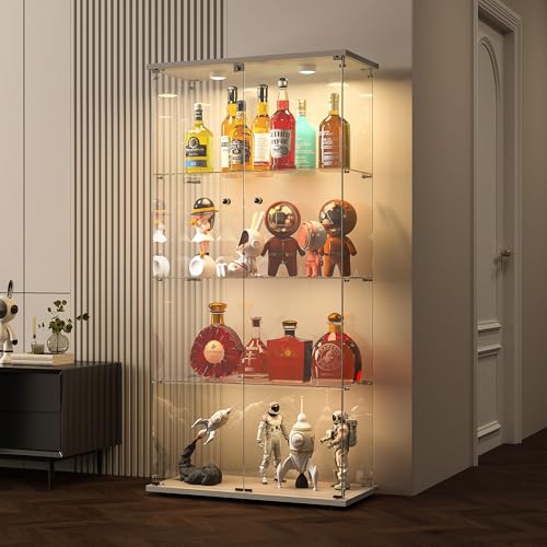 BPKADHY Vitrine aus Glas mit LED, 164 x 80,5 x 36,5 cm, 2 Türen, 4 Ablagen, transparenter Schrank für die Bar, Curio, Wohnzimmer, Weiß von BPKADHY
