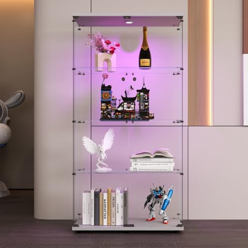 LED Glasvitrine Sammlervitrine Glasvitrine Sammlervitrine Glasvitrine mit Schloss und 2 Türen, 4 Etagen Standvitrine für Sammlerstücke, Bücher, Modellbau (Weiß) von BPKADHY