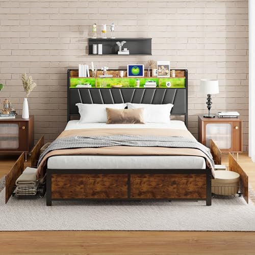 BPKADHY Polsterbett 160x200 mit LED und USB-C-Ladefunktion, Doppelbett mit 4 Stauraum Schubladen, Stauraumbett Metallbettgestell mit Lattenrost & Kopfteil in PU-Leder, Schwarz, Ohne Matratze von BPKADHY