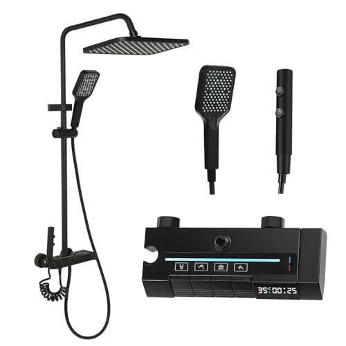 Duschsystem, 4 Strahlarten, Regendusche, Handbrause, Duscharmatur, Wasserhahn, Duschset mit LED-Digitalanzeige, höhenverstellbar, Edelstahl, schwarz Duschsystem, 4 Strahlarten, Regendusche, Handbrause, Duscharmatur, Wasserhahn, Duschset mit LED-Digitalanzeige, höhenverstellbar, Edelstahl, schwarz von BPMIO