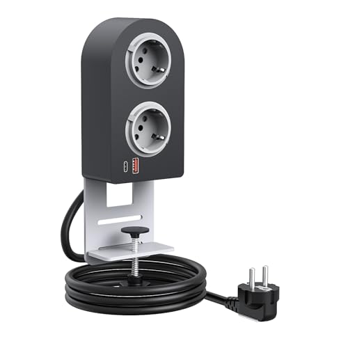 BQO 2 Fach Tischsteckdose mit und Typ-C PD20W, 4 in 1 Mehrfachsteckdose 2 USB mit Schalter, Steckdosenleiste Schreibtisch mit 1.5 M Kabel für Zuhause Büro, Schwarz von BQO