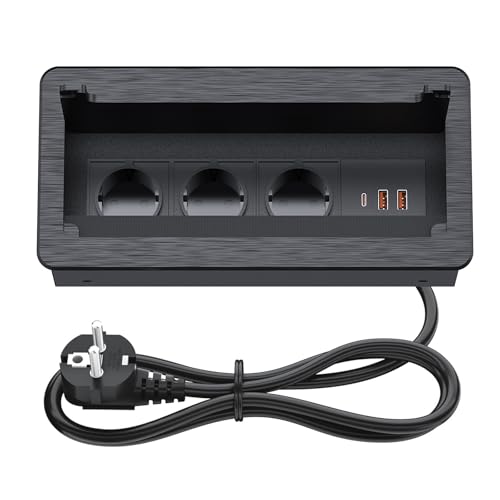 Versenkbare Steckdose,BQO Aluminium Einbausteckdose Versenkbar 3 Fach mit USB, Tischplatte Versenkte Steckdose für Arbeitsplatte Küche Büro 250V/16A,2M Kabel (Black) von BQO