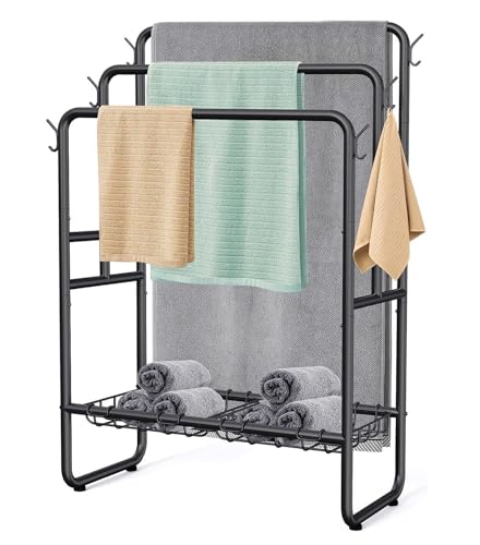 BQQQ Badezimmerregal, Handtuchhalter aus Metall mit 2 Aufbewahrungskörben und 6 Haken, 3-stufiger Handtuchhalter, moderner Handtuchständer für Schlafzimmer, Badezimmer, freistehender Ha BQQQ Badezimmerregal, Handtuchhalter aus Metall mit 2 Aufbewahrungskörben und 6 Haken, 3-stufiger Handtuchhalter, moderner Handtuchständer für Schlafzimmer, Badezimmer, freistehender Ha von BQQQ