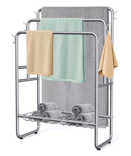 BQQQ Badezimmerregal, Handtuchhalter aus Metall mit 2 Aufbewahrungskörben und 6 Haken, 3-stufiger Handtuchhalter, moderner Handtuchständer für Schlafzimmer, Badezimmer, freistehender Ha BQQQ Badezimmerregal, Handtuchhalter aus Metall mit 2 Aufbewahrungskörben und 6 Haken, 3-stufiger Handtuchhalter, moderner Handtuchständer für Schlafzimmer, Badezimmer, freistehender Ha von BQQQ