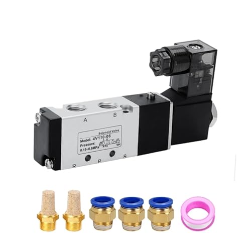 BQSLUMLZU Magnetpneumatikventil 4V110-06 5/2 Wege 5 Anschlüsse 2 Positionen for Luftkompressorventil DC12V 24V AC24V 110V 220V(4V110-06 and 6mm,DC12V) von BQSLUMLZU