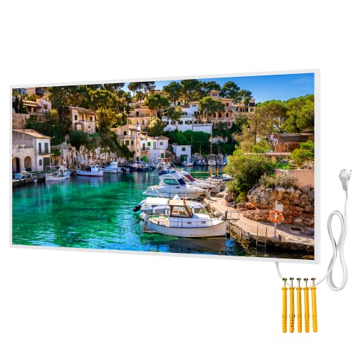 BR Bringer Bild Infrarotheizung mit Rahmen - Bildheizung mit UV Druck - 120x60x1,8cm - Hafenblick, Mallorca von BR Bringer