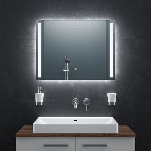 BR Bringer LED Badspiegel - 80x60 cm - Badezimmerspiegel mit Beleuchtung und Anti-Beschlag Funktion - Dimmbar, Energiesparend, 3 Lichtfarben, Touch-Schalter und Speicherfunktion (Modell: BRS103) von BR Bringer