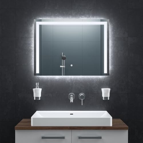 BR Bringer LED Badspiegel - 80x60 cm - Badezimmerspiegel mit Beleuchtung und Anti-Beschlag Funktion - Dimmbar, Energiesparend, 3 Lichtfarben, Touch-Schalter und Speicherfunktion (Modell: BRS105) von BR Bringer