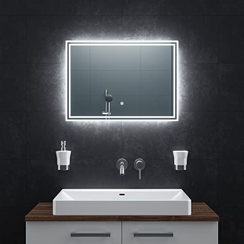 BR Bringer LED Badspiegel - 70x50 cm - Badezimmerspiegel mit Beleuchtung und Anti-Beschlag Funktion - Dimmbar, Energiesparend, 3 Lichtfarben, Touch-Schalter und Speicherfunktion von BR Bringer