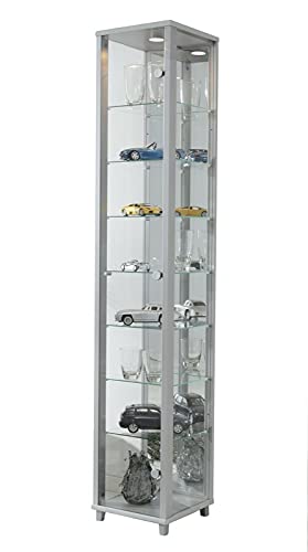 Glasvitrine Sammlervitrine Vitrine Standvitrine mit LED und 7 Glasböden höhenverstellbar ESG Glas in Silber Alu-Dekor 172x32x33 cm von BR-Wohndesign