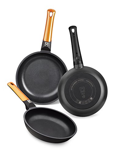 BRA Efficient Orange - Set von 3 Pfannen aus gegossenem Aluminium, Durchmesser 18/22/26 cm, Antihaftbeschichtung und 100% PFOA-frei, für alle Herdarten geeignet, spülmaschinenfest, Amazon Exklusiv von BRA