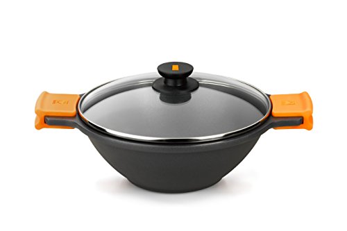 BRA Efficient | Wok-Pfanne, konkaver Kochtopf, mit Glasdeckel, Silikongriffe, Metall, Schwarz, 24 cm von BRA