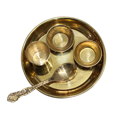 BRACOP® Messing Bhog Thali Set runde Platte indisches Pooja Samagri rundes dekoratives Tablett Servierplatte Pooja Thali Set Wohn- und Tempelzubehör Messingplatten 5er-Set Rakhi-Geschenk von BRACOP