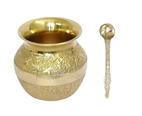 BRACOP® Messing-Wasserkaraffe Kalash Pooja Samagri indischer Lota-Topf Servierutensilien handgefertigter Metalllöffel Wassertopf Trinkgeschirr Messingkrug Trinkflasche Becher Hochzeitsgeschenke von BRACOP