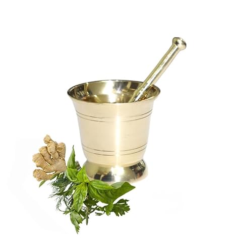 BRACOP Messing Mörser und Stößel goldfarben Hamam Dasta Küchenhelfer Kräuter- und Ingwermühle Gewürzmühle Schüssel Molcajete Kochutensilien Mörser und Stößel 2er-Set indisches Geschenk Mühle Küche von BRACOP