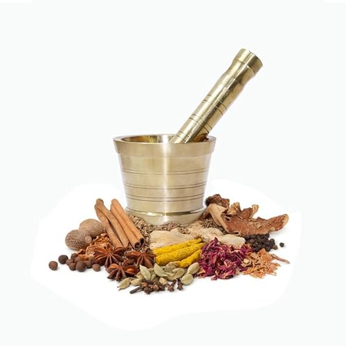 BRACOP Messing Mörser und Stößel goldfarben Hamam Dasta Küchenhelfer Kräuter- und Ingwermühle Gewürzmühle Schüssel Molcajete Kochutensilien Mörser und Stößel 2er-Set indisches Geschenk Mühle Küche von BRACOP