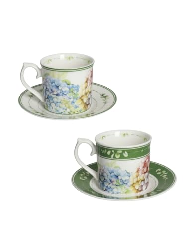 Brandani 51182 Tasse Flora, 2 Stück, New Bone China, Untertasse cm D 8 x 7 cm, 200 ml, Blumen, zarte Hortensien und Blättchen, Spülmaschine, Mikrowelle, Backofen, Gefrierschrank von BRANDANI