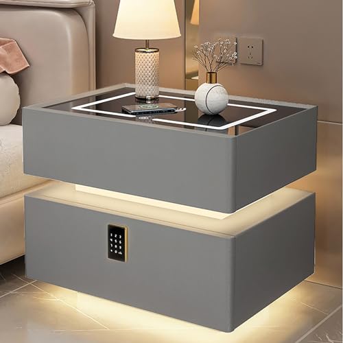 Moderner Intelligenter Nachttisch Mit Schublade, Nachttisch Mit Stauraum, Smart Nachttisch Mit Safe, Nachttisch Mit Verstellbaren LED-Leuchten, for Schlafzimmer Und Wohnzimmer ( Color : Light grey , S von BRANII