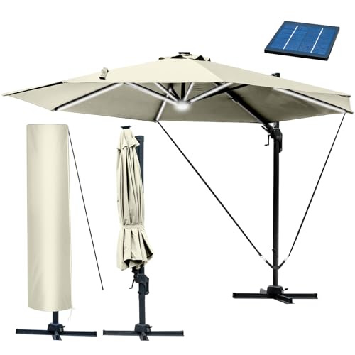 BRAST® Alu Sonnenschirm Ampelschirm | Ø360cm Beige + LEDs | Windsicherung & Schützhülle | viele Modelle | UV-Schutz 80+ | wasserabweisend | drehbar schwenkbar & höhenverstellbar von BRAST