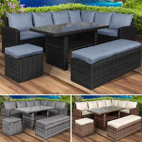 BRAST® Gartenmöbel Set Eco | bis zu 9 Personen viele Farben | inkl. extra Dicke Kissen | TÜV geprüft | Outdoor Loungemöbel Sitzgruppe Essgruppe Garnitur | Schwarz/Blau von BRAST