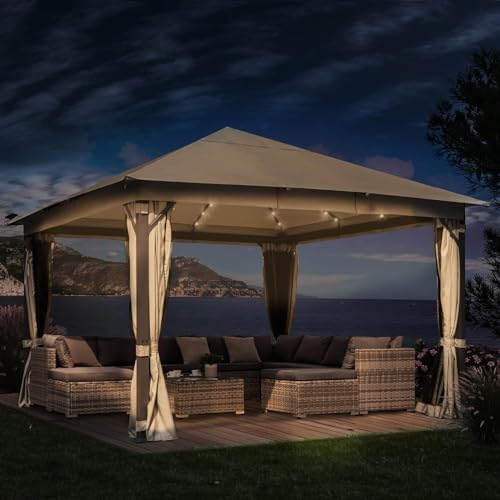 BRAST® Pavillon Aluminium Infinity 3x4m | viele Modelle & Farben | inkl. Moskitonetz | wahlweise LEDs | wasserdicht | stabil |UV-Schutz | Beige LEDs von BRAST