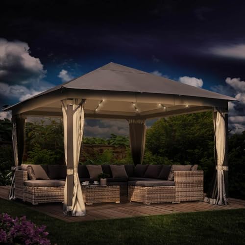 BRAST® Pavillon Aluminium Infinity 4x4m | viele Modelle & Farben | inkl. Moskitonetz | wahlweise LEDs | wasserdicht | stabil |UV-Schutz | Beige LEDs von BRAST